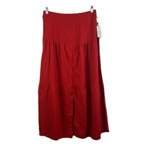 Japna New Red Linen Blend Maxi Skirt Medium Flax Summer Tiered Pull On Buttons